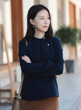 20QDA-229【芳黛】前世今生复古文艺轻中式斜襟碎褶长袖衬衫