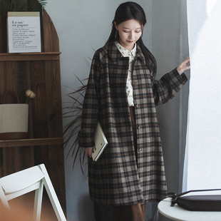 22QDA-136【一江秋水】前世今生复古温婉文艺格子翻领大衣