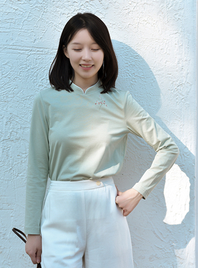 24CXA-059【简枝】前世今生复古温婉文艺改良款立领绣花针织T恤