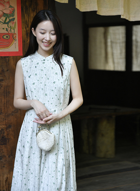 25CXC-324【草木生】前世今生复古清雅无袖立领印花X型大摆连衣裙