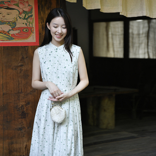 25CXC-324【草木生】前世今生复古清雅无袖立领印花X型大摆连衣裙