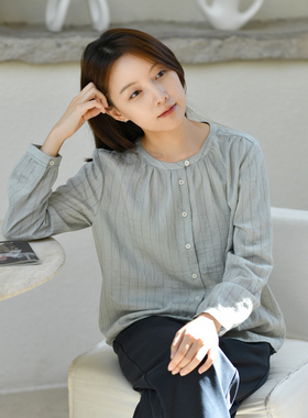 24QDA-022【云外江南】前世今生复古文艺圆领竖条纹宽松版衬衫