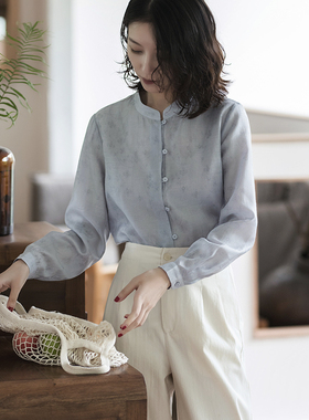 23QDA-099【月入云间】前世今生复古文艺新中式国风提花长袖衬衫