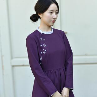 不.退换6-24QDC-330【紫花香浅】前世今生复古花边领新中式连衣裙