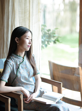 18CXC-264【长忆】前世今生复古斜襟改良修身短袖立领花色旗袍