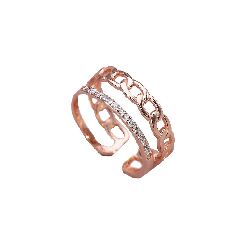 DOUBLE-LAYER CHAIN RING WOMENS INS TRENDY DESIGN NICHE TEMPERAMENT ZIRCON OPENING ADJUSTABLE RING