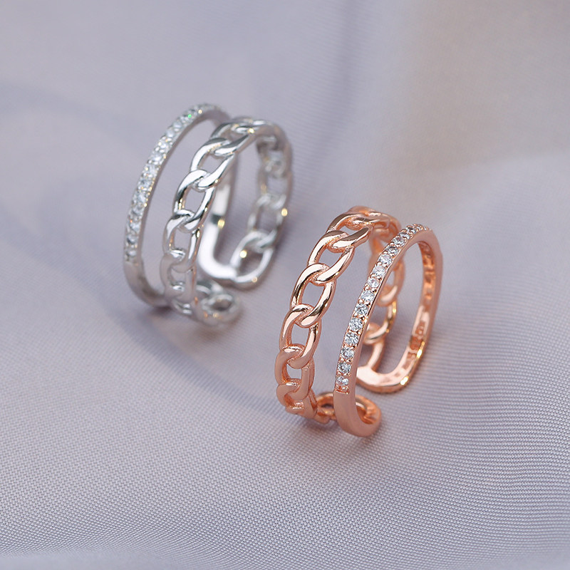 DOUBLE-LAYER CHAIN RING WOMENS INS TRENDY DESIGN NICHE TEMPERAMENT ZIRCON OPENING ADJUSTABLE RING