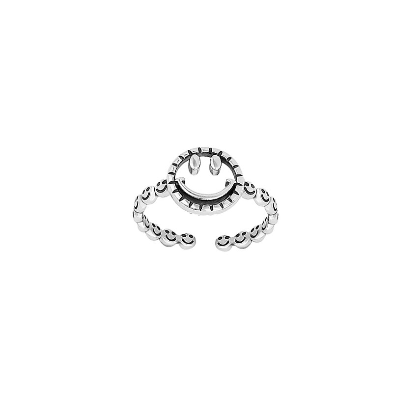 SMILEY FACE RING WOMENS INS TRENDY RETRO THAI SILVER EUROPEAN AND AMERICAN JUMPING COLD WINDY NICHE OPEN INDEX FINGER RING