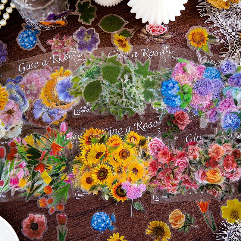 言己PET贴纸包 赠人玫瑰 清新花朵玫瑰向日葵手帐装饰透明贴100张