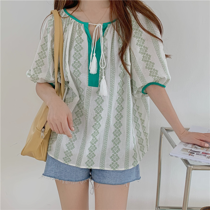 Real price French design holiday style round neck drawstring 5 / 6 sleeve Floral Shirt