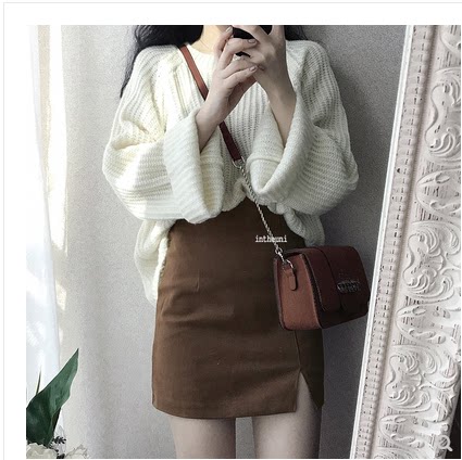 高腰开叉半身裙秋季女2025新款韩版百搭鹿皮绒黑色包臀短裙一步裙