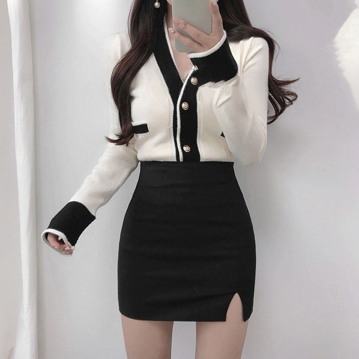 2023年秋季高腰开叉半身裙女a字pu皮裙黑色鹿皮绒包臀短裙一步裙