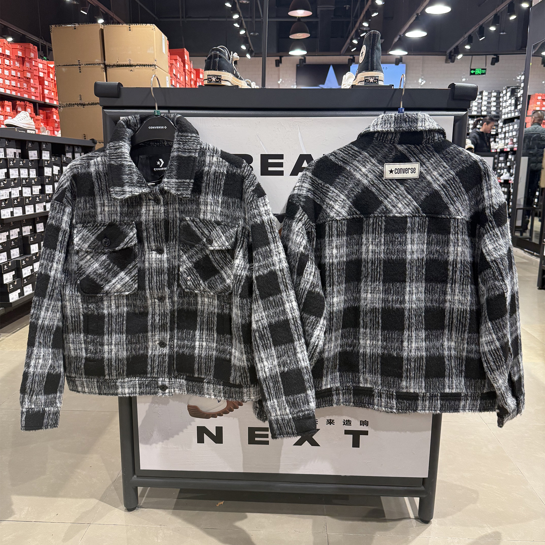 正品converse匡威 女格纹毛呢口袋棉服翻领短夹克外套WCJ113-023