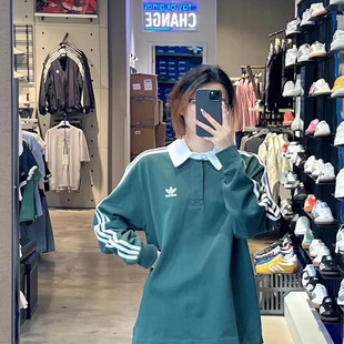 Adidas三叶草秋季男女POLO衫翻领三条杠长袖T恤IZ2469 IZ2468