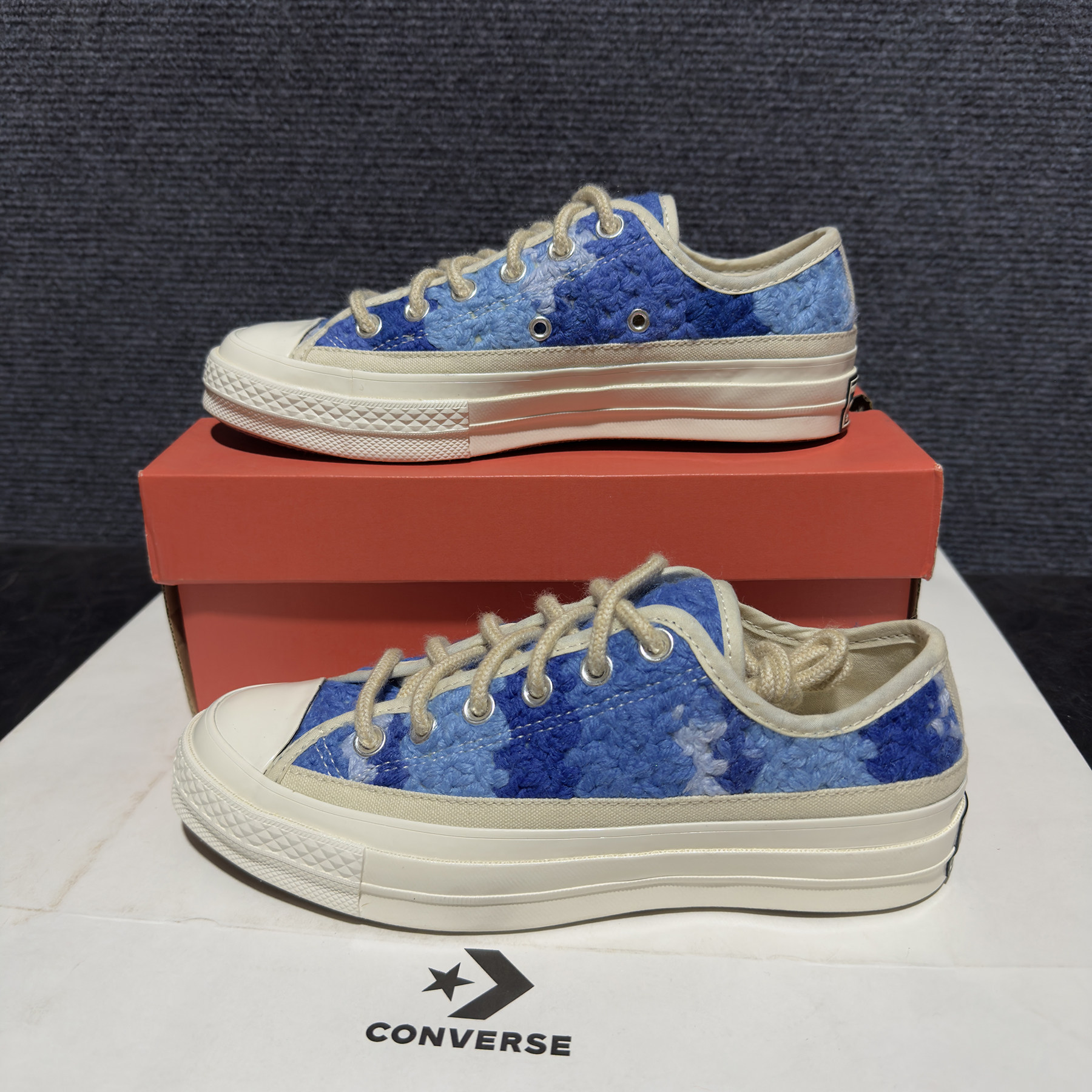 正品converse匡威 1970S毛线编织深浅蓝拼色低帮帆布鞋 A09229C
