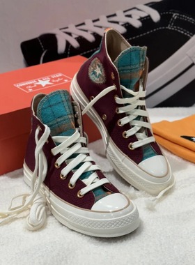 正品CONVERSE匡威1970s毛呢格子拼接酒红男女高帮帆布鞋A12452C