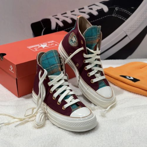 1970S毛呢格子拼接酒红帆布鞋