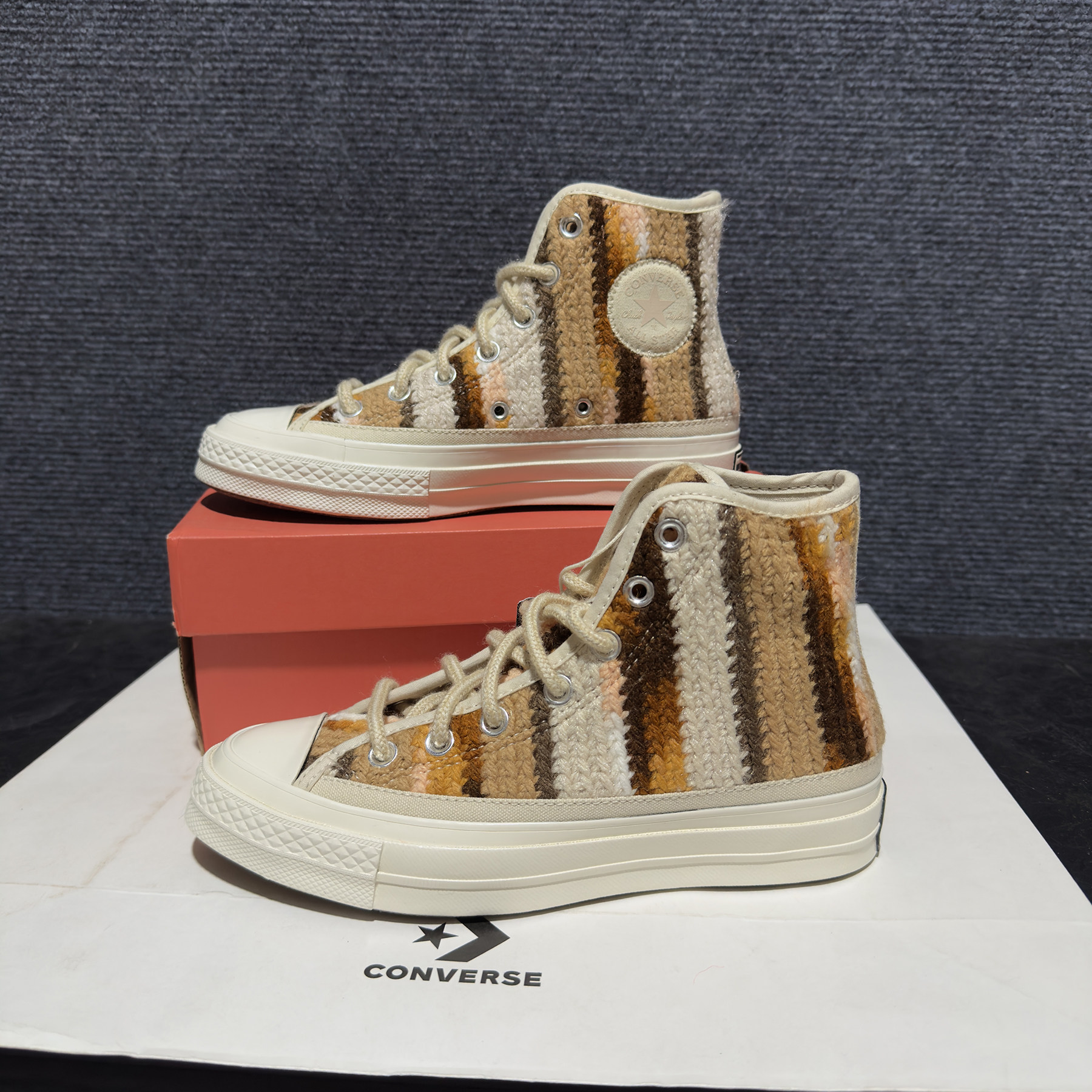 正品converse匡威 1970S毛线编织米棕黄拼色高帮帆布鞋 A09229C