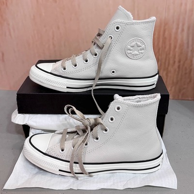 正品CONVERSE匡威纯色皮质男女同款高帮加绒保暖休闲板鞋 A01334C