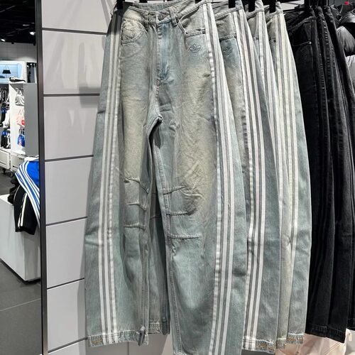 Adidas三叶草男女三条纹阔腿运动水洗牛仔裤镰刀裤JY6291 JY6292