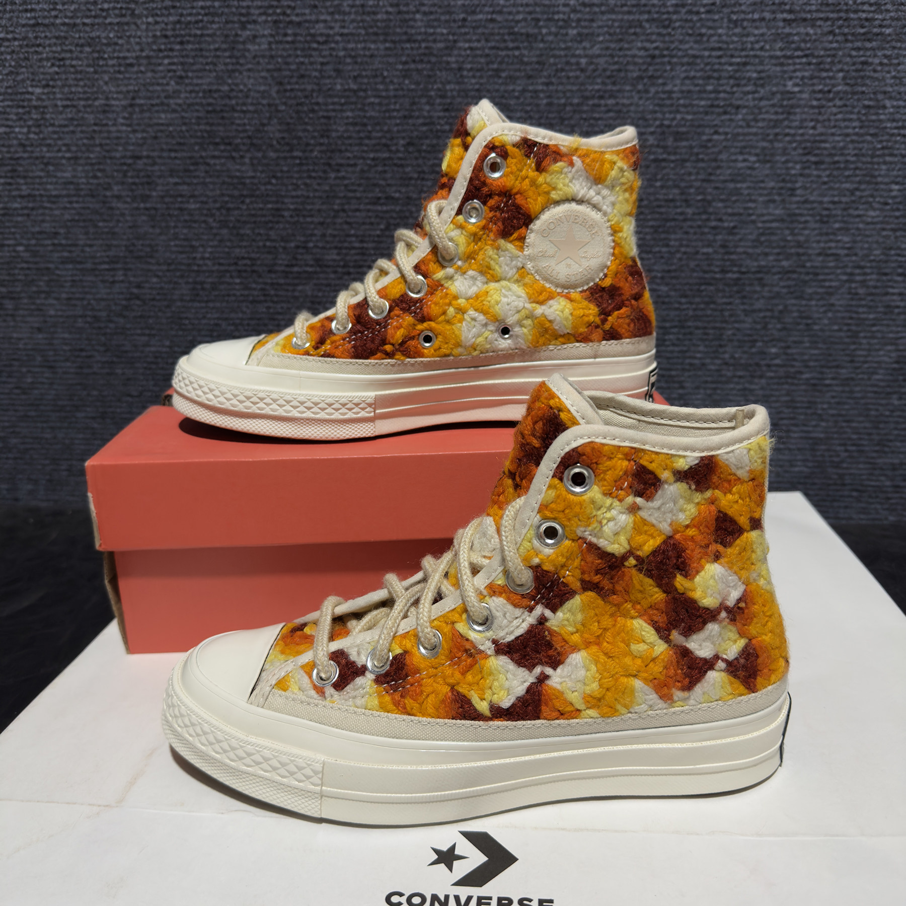 正品converse匡威 1970S毛线编织棕黄米拼色高帮帆布鞋 A09229C