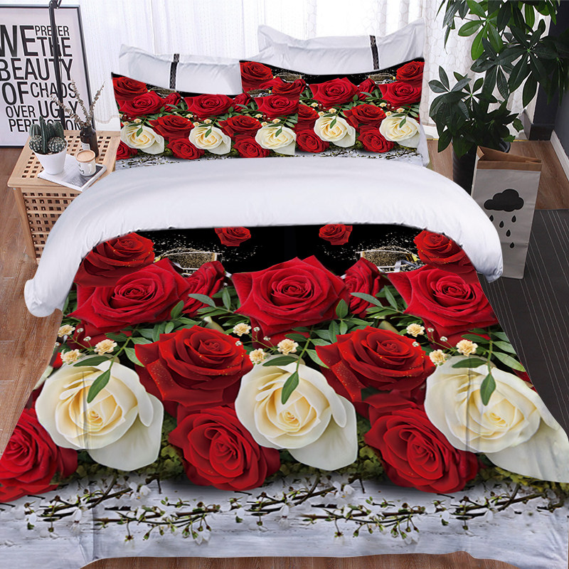 叶子植物鲜花三件套床上用品3D数码印花被套枕套被罩床单