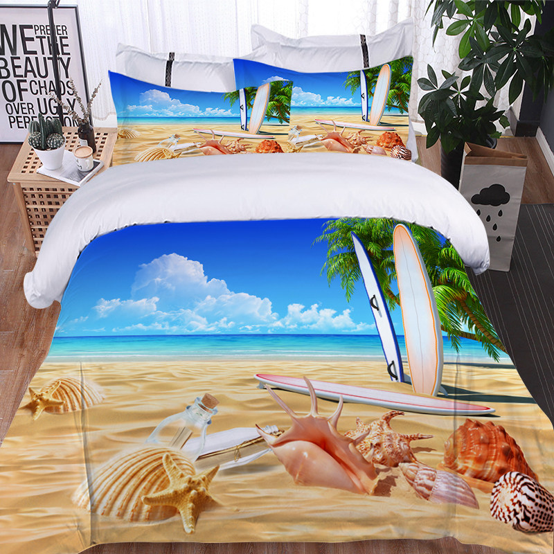 海滩风景三件套床上用品海洋生物乌龟3D数码印花被套枕套卧室被罩