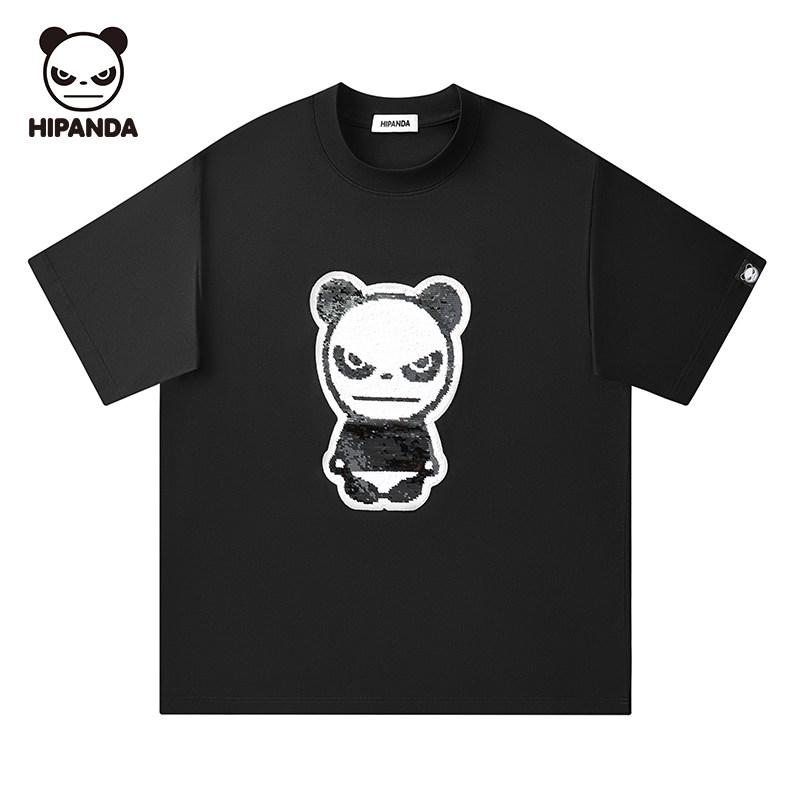 HI PANDA你好熊猫珠片工艺潮牌短袖2025夏季新款纯棉休闲百搭T恤