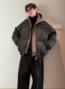 HN潮牌【假两件】冬季连帽PU皮双拉链加厚棉服男宽松保暖百搭棉衣