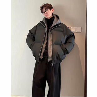 HN潮牌【假两件】冬季连帽PU皮双拉链加厚棉服男宽松保暖百搭棉衣