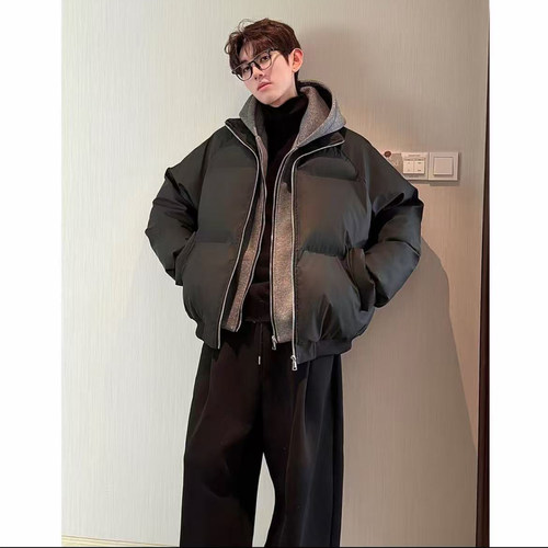 HN潮牌【假两件】冬季连帽PU皮双拉链加厚棉服男宽松保暖百搭棉衣