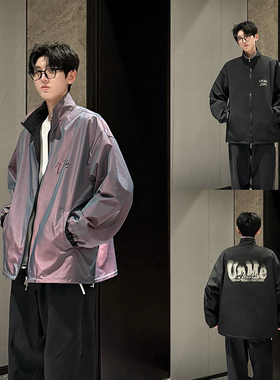 HN潮牌-新款两面穿炫彩配色字母眩晕印花夹克情侣百搭宽松冲锋衣