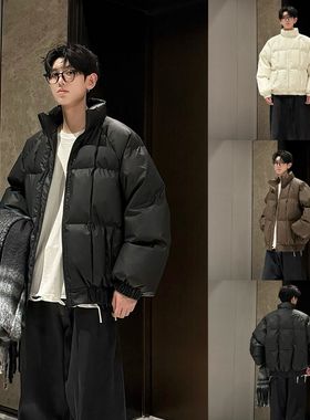 HN潮牌-吐司方格冬季pu皮蓬松保暖棉服情侣防水防污设计师款棉衣