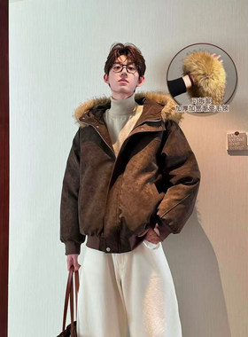 HN潮牌【加厚加宽毛领】可拆卸连帽雾面pu皮棉服男女保暖防风棉衣