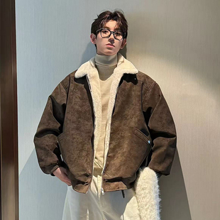 HN潮牌冬季美拉德羊羔绒PU皮重磅美式复古风棉服加绒加厚情侣棉衣