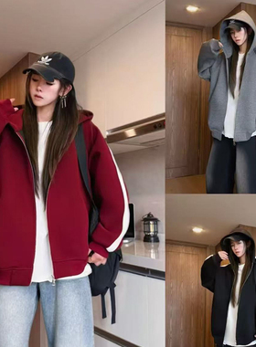 三七【重磅高克重】秋季美式连帽卫衣男百搭休闲拼接运动开衫外套