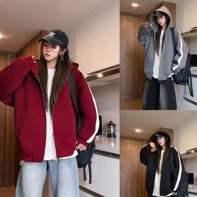 三七【重磅高克重】秋季美式连帽卫衣男百搭休闲拼接运动开衫外套