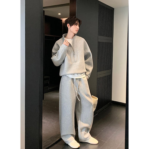 HN26aw【重磅硬挺】秋季立领半拉链套头卫衣卫裤套装男百搭两件套