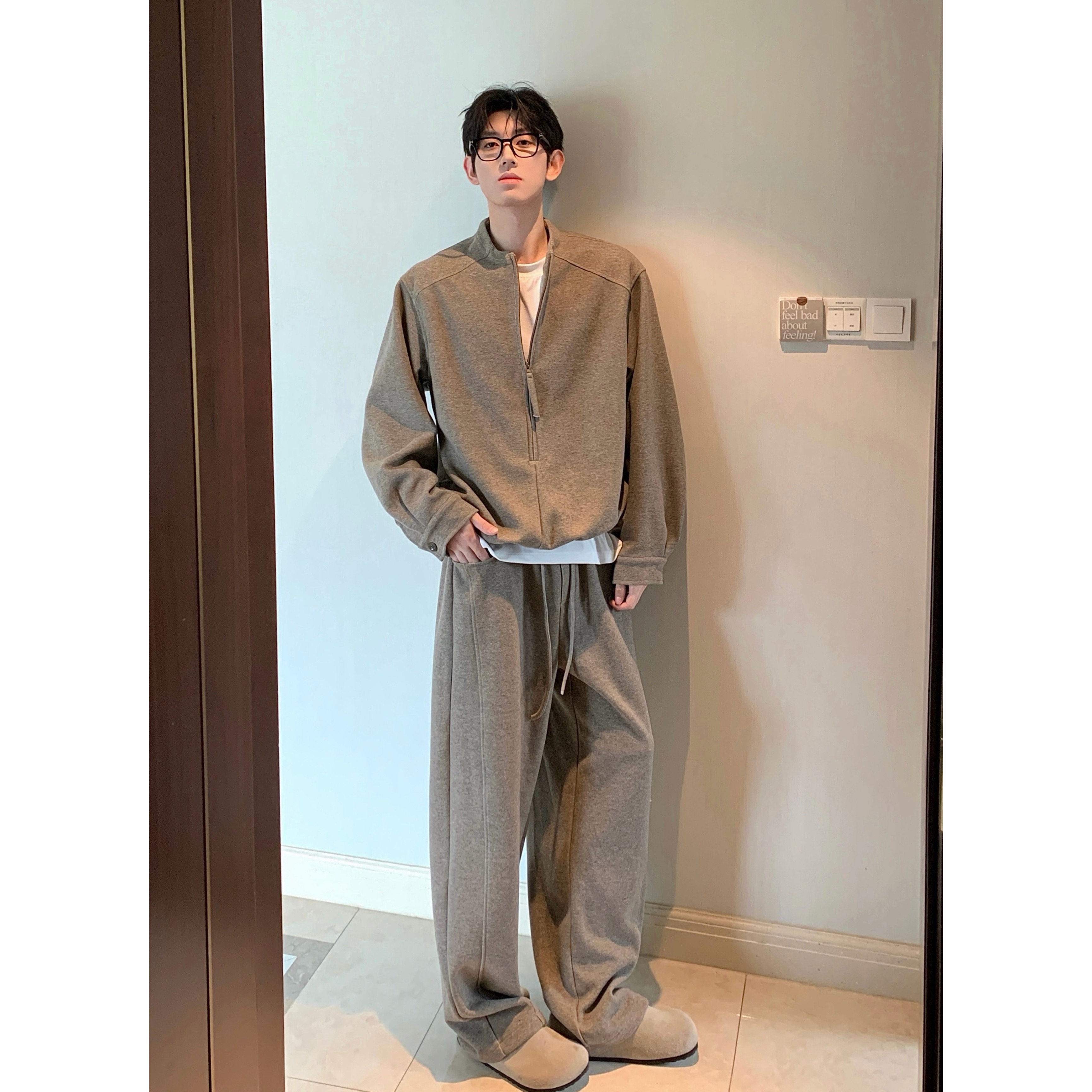 HN26aw【加厚假两件卫衣套装】秋季老钱情侣半拉链卫衣卫裤两件套