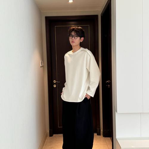 HN潮牌-秋季重磅圆领套头设计感拉链正肩内衣男百搭休闲纯色长袖