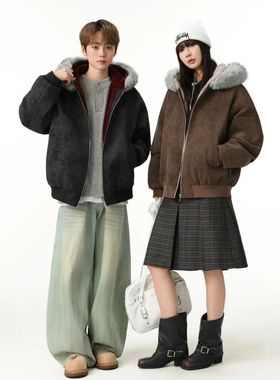 MANRE SHOW 座山雕可拆卸仿兔绒加厚冬款外套美式复古风棉服棉衣