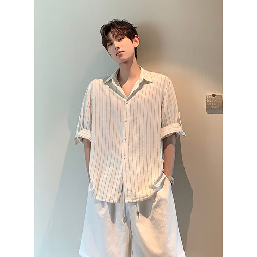 HN26ss【可挽袖亚麻衬衫】夏季薄款条纹设计款短袖男百搭休闲长袖