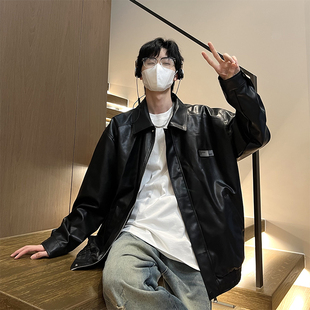 林社长春装新款宽松贴标设计夹克衫翻领机车皮衣外套情侣皮夹克男