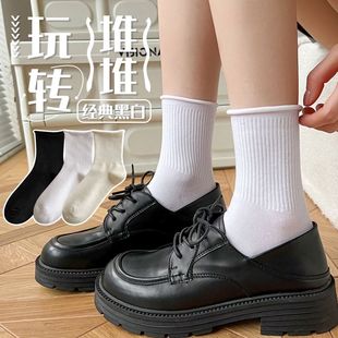 卷边袜子女中筒夏季 ins潮百搭可爱日系jk堆堆袜白色长袜 薄款 韩版