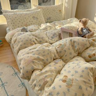 裸睡级双层纱纯棉四件套ins碎花小修狗全棉被套可爱三件套1.8床单