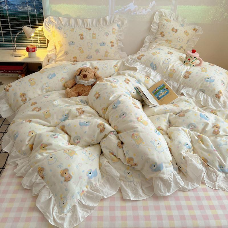 卡通ins韩式2025新款纯棉床上四件套全棉可爱少女心床单宿舍三件4