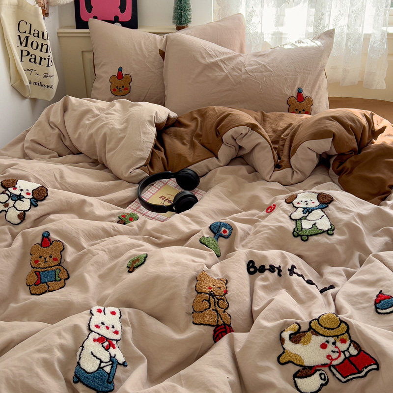 卡通可爱水洗棉毛巾绣四件套双人被套单人宿舍三件套床上用品床笠