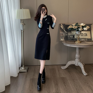 2024秋冬装新款中式国风盘扣旗袍连衣裙女气质显瘦长袖开叉打底裙