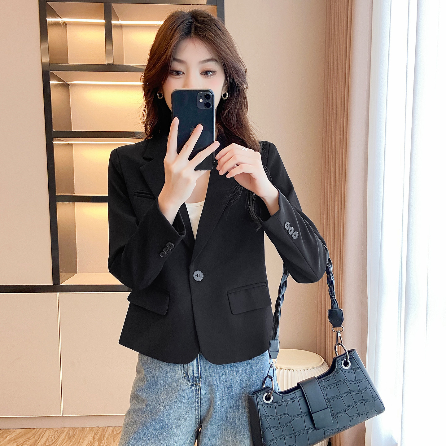 春秋短款修身长袖西装外套女