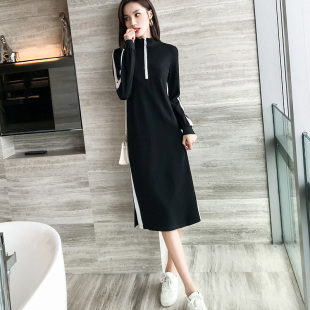 韩版 新款 宽松显瘦立领运动休闲连衣裙 过膝2025春秋季 卫衣裙中长款